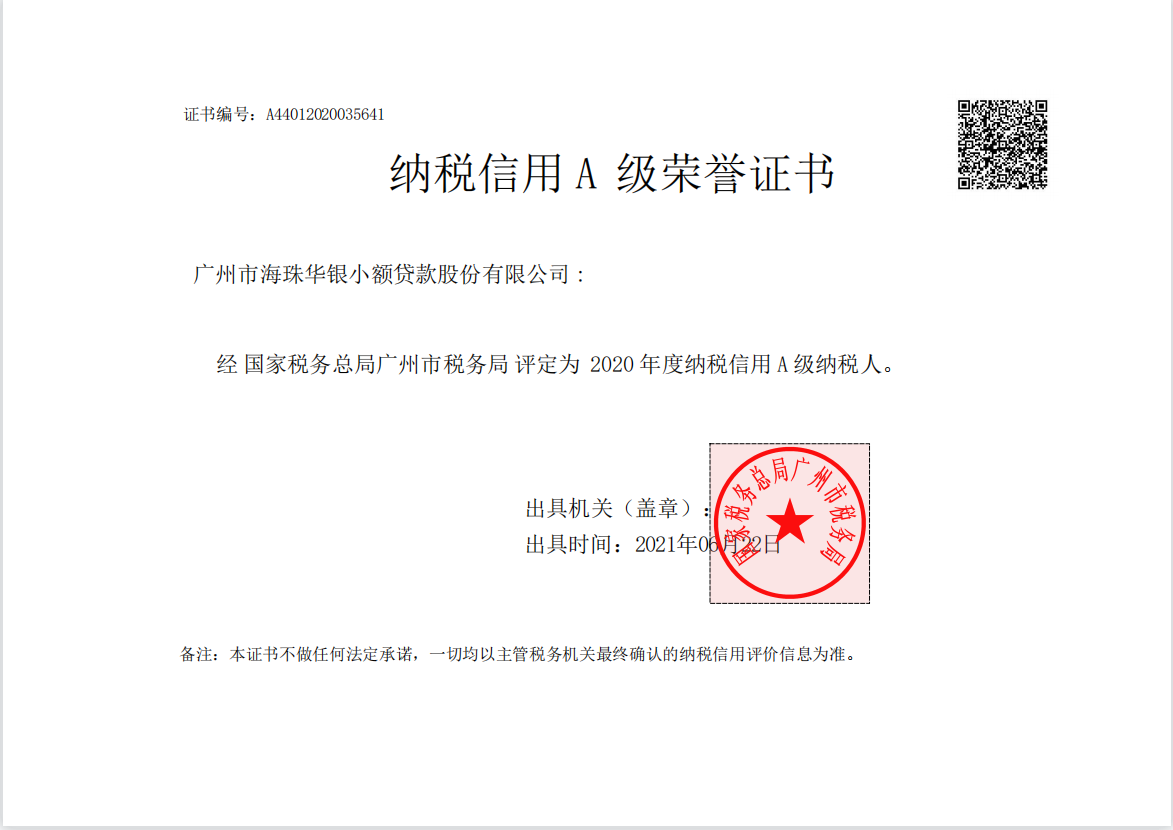华银小贷获《纳税信用A级荣誉证书》